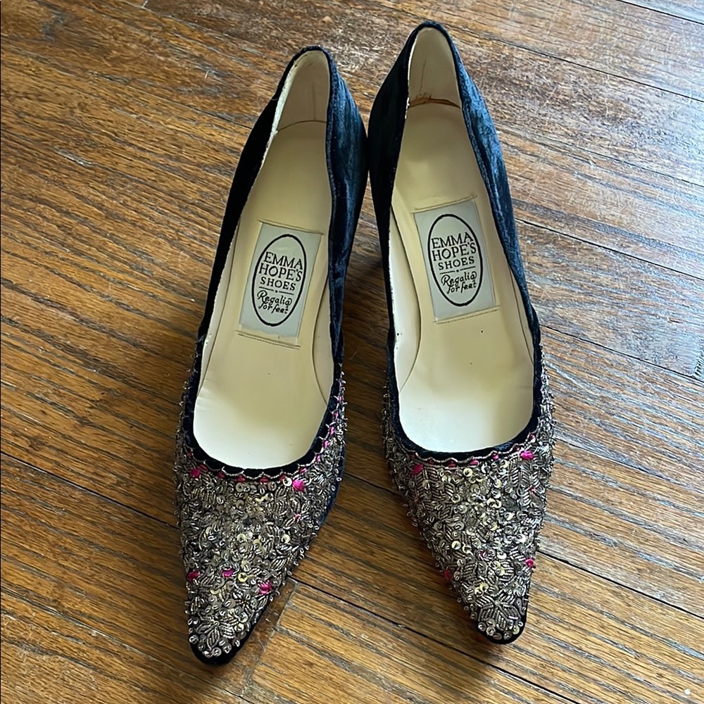 Vintage Emma Hope Embellished Black, Silver and Pink Pointed Toe Pumps